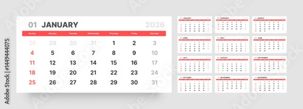 Fototapeta Monthly calendar layout for 2026 year. Quarterly calendar for 2026 year. Week Starts on Sunday. 