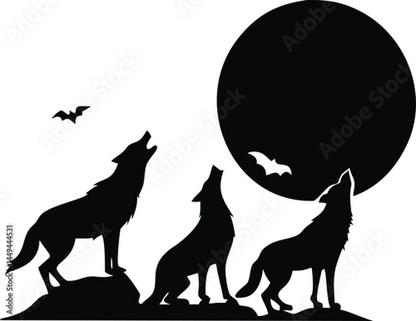 Obraz Silhouetted wolves howl at a big moon as bats fly in this vector