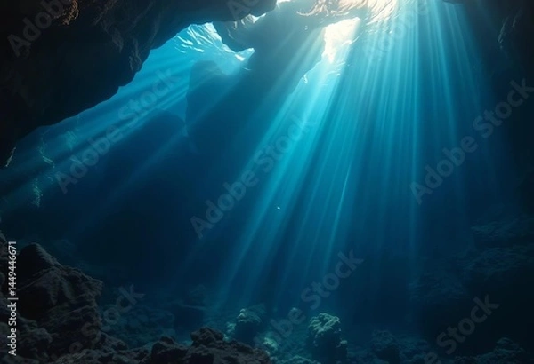 Fototapeta Sunbeams pierce deep ocean water, illuminating a mysterious underwater cavern,  beautiful, marine