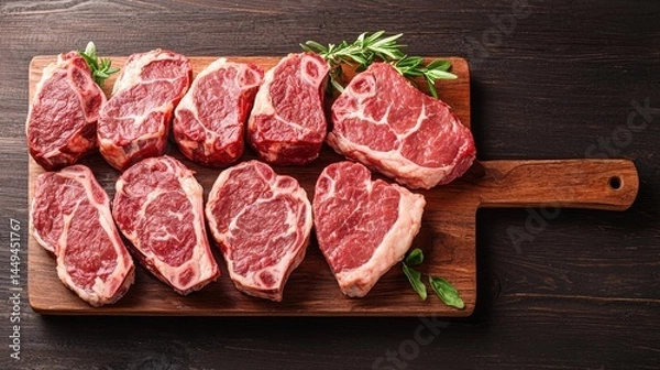 Obraz Nine raw ribeye steaks are arranged on a wooden cutting board with herbs, ready for cooking on a dark wooden table.