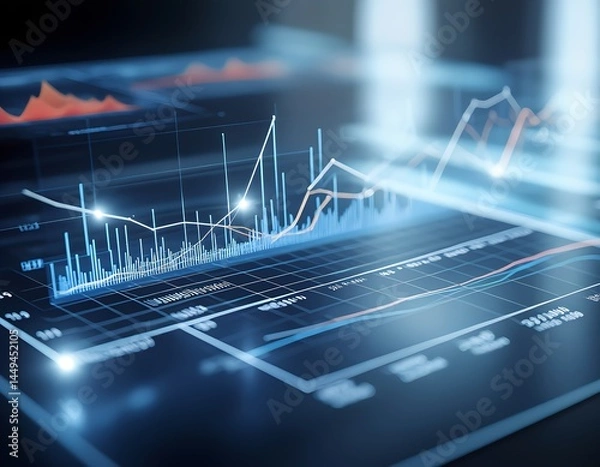 Obraz Abstract data visualization shows the financial market charts in a futuristic digital landscape.