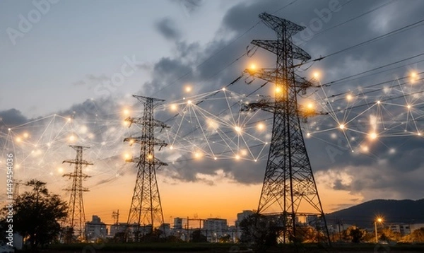 Fototapeta Power lines at dusk connected by glowing network; cityscape in background; for technology and energy concept; suitable for website banners, presentations, and educational materials