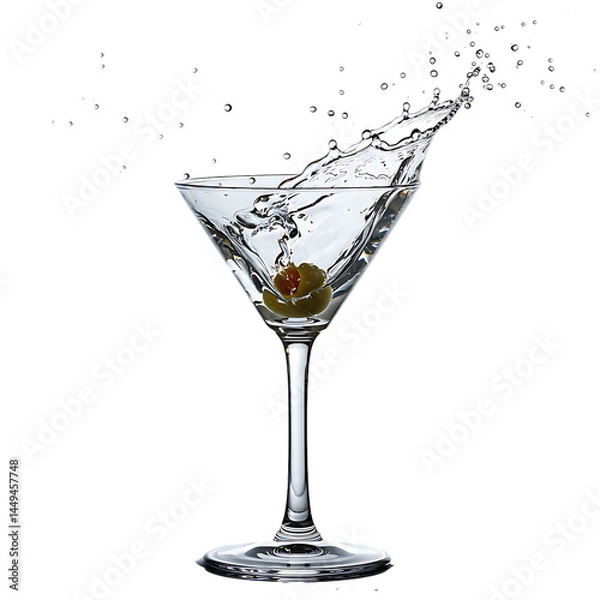 Obraz Classic martini cocktail with olive garnish and splash on black background for bar and drink concepts on transparent background