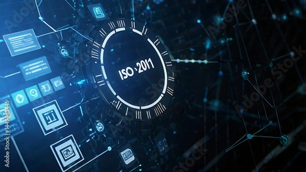Fototapeta ISO 27001, ISO certification, ISO 27001 certified business, Information security management system. International Organization for Standardization. businessman doing ISO verification on a laptop	