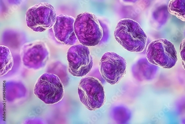 Fototapeta Microscopic view of purple lymphocytes with blurred background. Useful for illustrating medical concepts, diseases, and research.