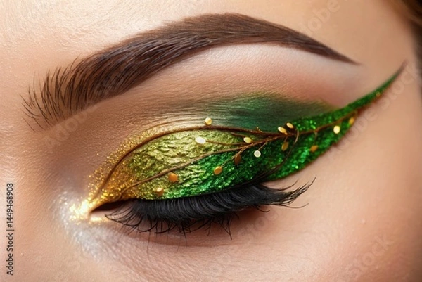 Fototapeta Winged eyeliner trend, Makeup Artistic Beauty Close-up of an artistic eye makeup design featuring green and gold leaf patterns.