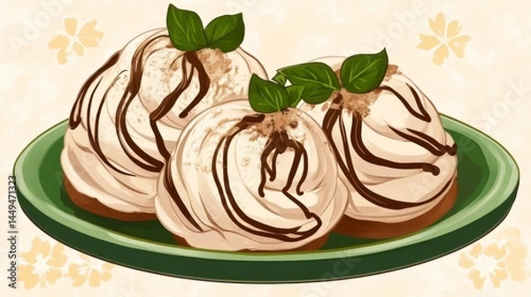 Fototapeta A Delectable Display of Whipped Cream Desserts with Chocolate Drizzle