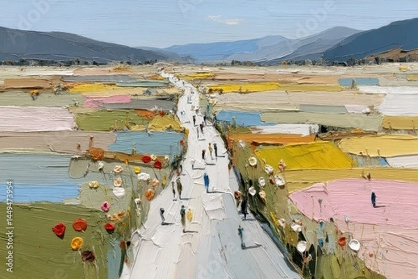 Fototapeta Impasto Painting of Figures Walking on a Road Through a Colorful Landscape with Distant Mountains Under a Blue Sky
