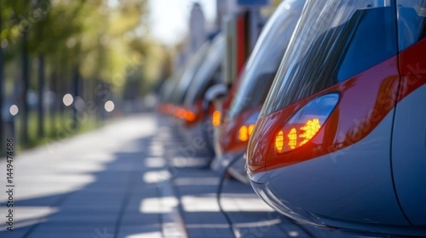 Obraz Modern Trains Aligned at Station with Bright Red Tail Lights