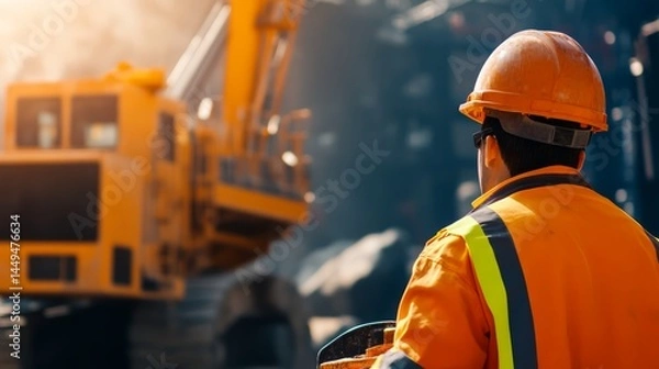 Obraz Construction Worker Observing Heavy Machinery at Job Site