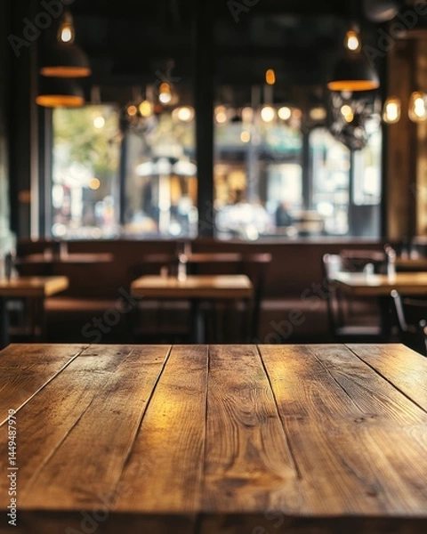 Fototapeta Rustic wooden table in a warm restaurant setting with soft lighting and blurred background