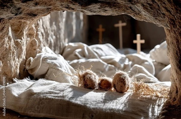 Fototapeta Cinematic photo of the empty tomb with Jesus' linen left on, with three crosses in the background and sunlight streaming through an open door, symbolizing spiritual sunrise and new life 