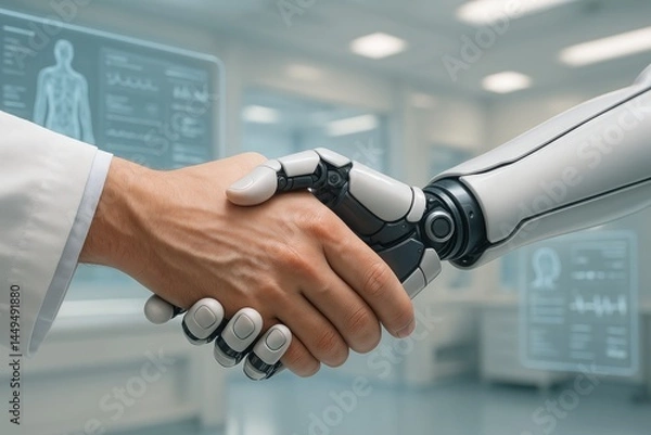 Fototapeta Human doctor and robot handshake symbolizing medical technology and artificial intelligence in healthcare
