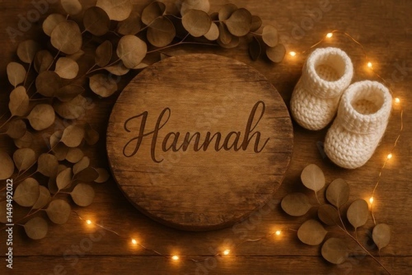 Fototapeta Elegant rustic nursery decor featuring personalized wooden name sign "Hannah", baby booties, and eucalyptus with warm lights