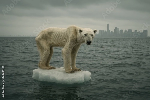 Fototapeta Emaciated polar bear stranded on melting iceberg with modern city skyline in background, climate change concept