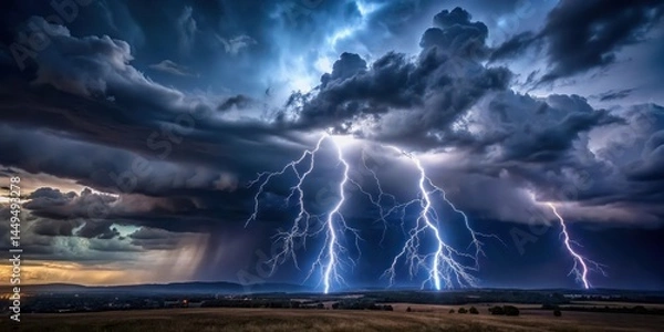 Fototapeta Dark stormy sky with lightning flashes over a landscape, turbulent, sky,  turbulent, sky, darkness, lightning, gloom