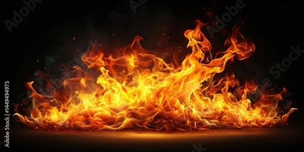 Fototapeta A blazing hot flame with a fiery glow on a dark and mysterious black background, surrounded by intense heat and light effects , dark