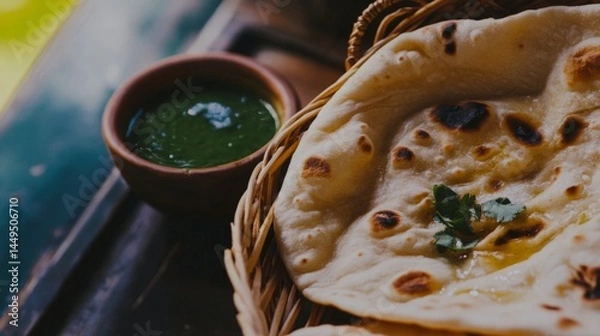 Fototapeta Aromatic Indian Flatbread with a Side of Flavorful Sauce