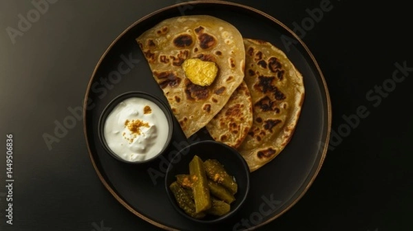 Fototapeta A Culinary Symphony: Exquisite Indian Flatbreads with Yogurt Dip and Pickles