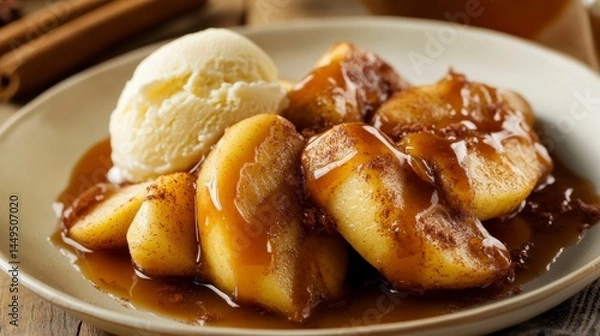 Fototapeta Scrumptious Caramel Apple Dessert with Vanilla Ice Cream