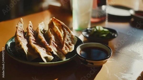 Fototapeta Scrumptious Pan-Fried Gyoza with Dipping Sauce. A Taste of Authentic Japanese Cuisine.