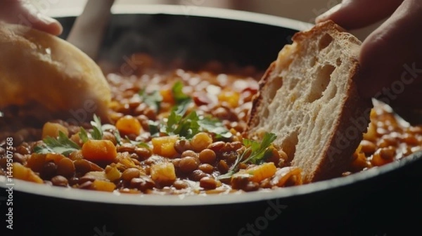 Fototapeta Scrumptious Lentil Stew with Crusty Bread: A Hearty and Flavorful Recipe