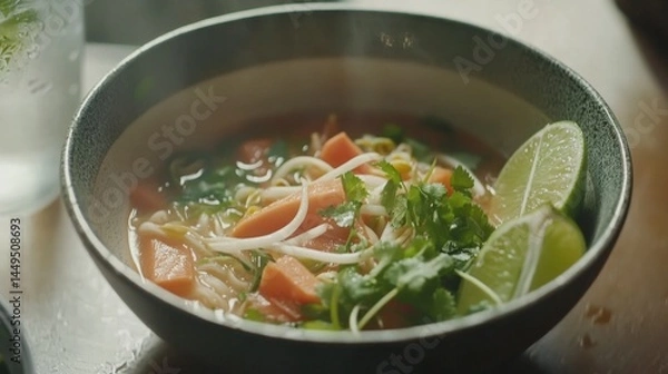 Fototapeta Aromatic and Delicious Noodle Soup with Lime and Vegetables