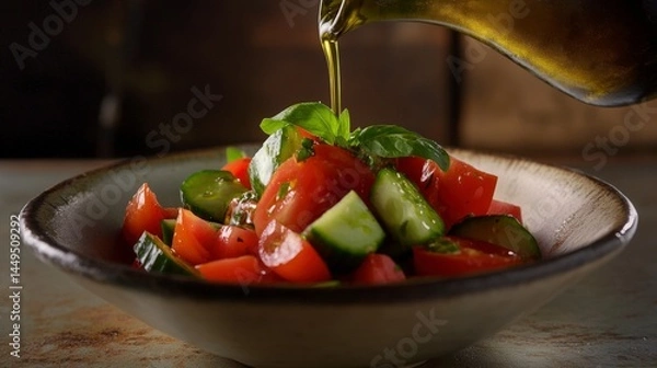Fototapeta Scrumptious Tomato and Cucumber Salad with Olive Oil Dressing