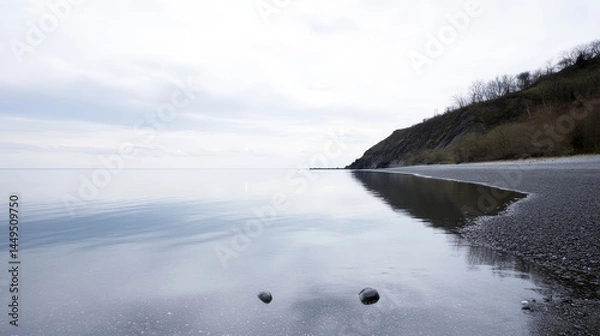 Fototapeta Serene Coastal Landscape: Tranquil Beach Scene with Calm Water Reflections