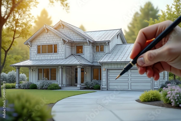 Fototapeta A person is drawing a house with a pencil
