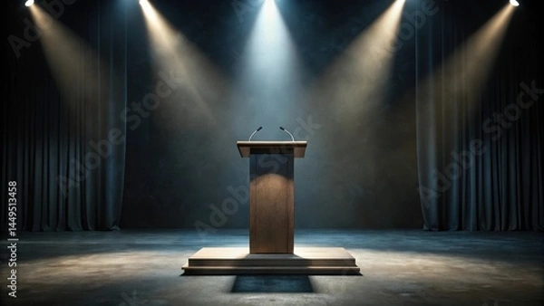 Fototapeta Empty podium on dark stage mockup, darkness, silence,  darkness, silence, spotlight, podium, backdrop, still life, abstract