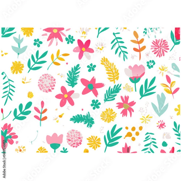 Fototapeta "Create a colorful floral pattern featuring a variety of flowers and leaves in shades of pink, yellow, blue, orange, and green. The design should have a whimsical, hand-drawn style with a textured, cr