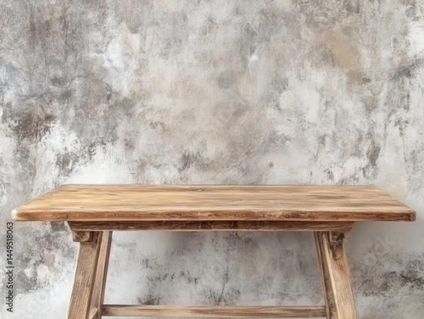 Fototapeta Rustic wooden table against a textured gray wall for product display and presentation background