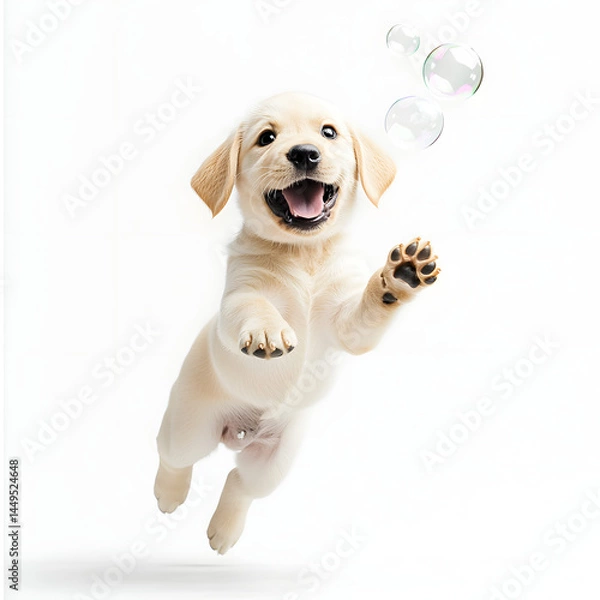 Fototapeta a baby Labrador Retriever puppy running or jumping in excitement, trying to catch soap bubbles in the air. white background
