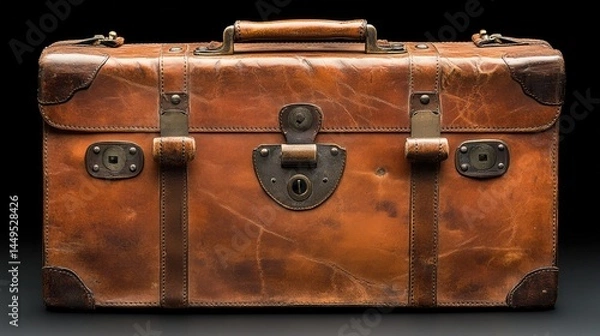 Fototapeta Old, worn brown leather suitcase with metal hardware and handle on dark surface. Perfect for themes like vintage travel, adventure, and nostalgic memories.