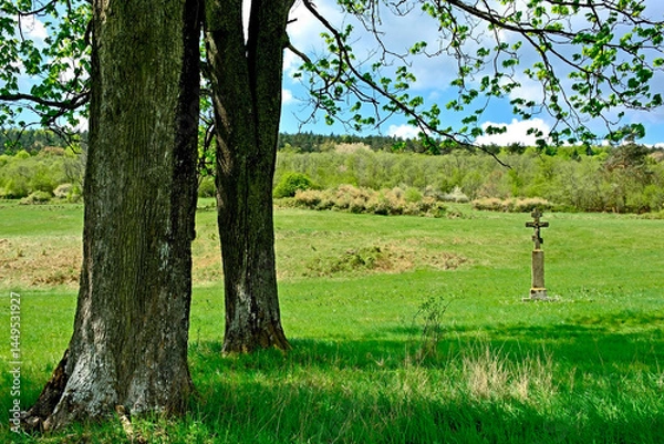 Obraz Wayside old stone cross in Nieznajowa village, Low Beskids, Poland. 
This region are a mountain range with wide open spaces, wildlife, deserted villages and stone crosses by the roadside