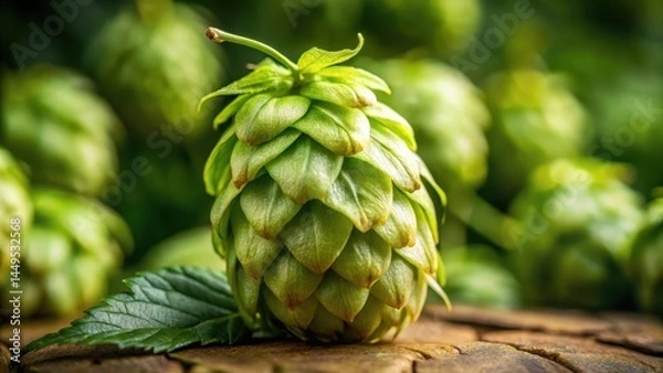 Fototapeta Detailed view of a single beer hop cone covered in sticky resin and tiny green buds , botanical, hop