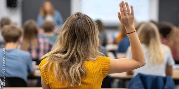 Obraz Student raising hand in classroom, asking question, lecture