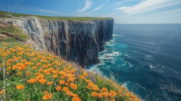 Fototapeta Cliffside bloom a vibrant coastal panorama with wildflowers on the brink