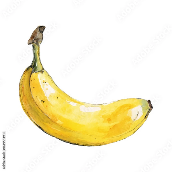 Fototapeta Watercolour illustration of a ripe yellow banana with realistic texture and shadow, isolated with transparent background