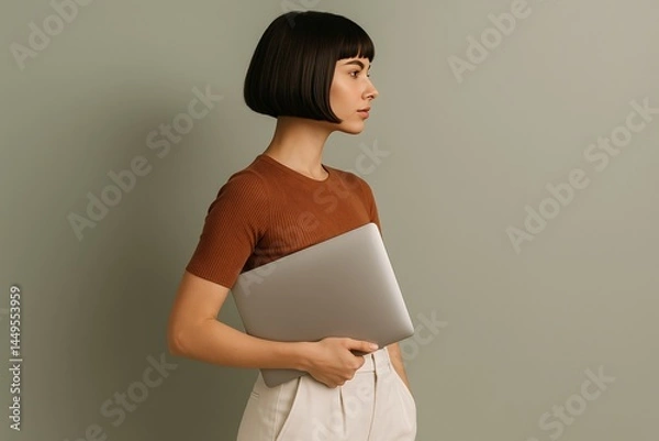 Fototapeta A woman in minimalist neutral tones stands confidently holding a closed laptop, reflecting modern professionalism and digital independence