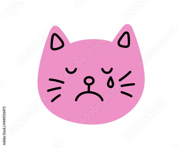 Fototapeta Cute doodle cry cat face icon. Sad crying cat. Kitty kawaii emoji. Hand drawn animal emoticon. Expression kitty head. Bad mood. Vector illustration isolated on white background.