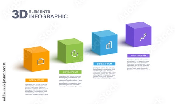 Fototapeta Business process chart infographics with 4 step cubes. Cubic corporate workflow graphic elements. Company flowchart presentation slide. Vector infographic in isometric design.