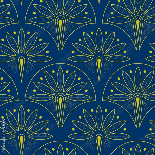 Fototapeta Art Deco seamless pattern on a blue background. Gold floral symmetrical endless print for wallpaper, fabric, and wrapping paper—geometric illustration.