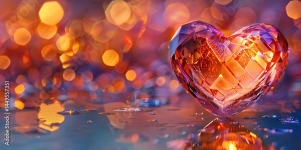 Fototapeta Glassy heart shape with vibrant bokeh lights, reflecting soft rainbow tones. Romantic decor symbol, abstract festive art element.