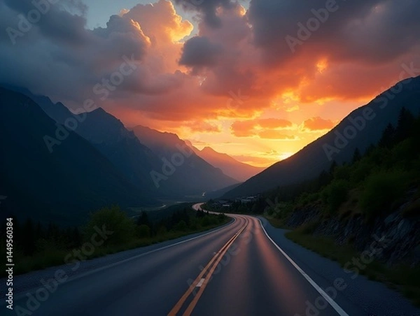 Fototapeta A winding asphalt highway stretching through lush green mountains under a dramatic sunset sky, with vibrant clouds, capturing the beauty of a serene road journey