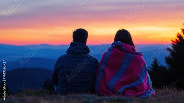 Fototapeta Couple enjoying sunset view, wrapped cozy blanket, sitting grassy hilltop, surrounded by mountains and trees. sky is painted with vibrant colors