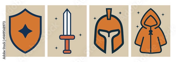 Obraz Ancient Artifacts: A collection of emblematic items from a forgotten era. A shield, sword, helmet, and cloak represent the mystique and history of a civilization long gone.