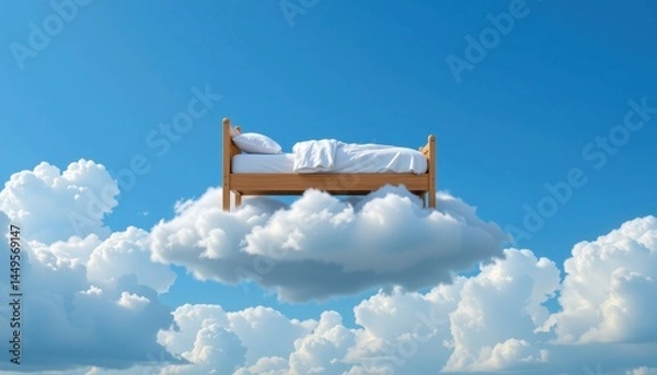 Fototapeta bed stand floating in a blue fluffy cloud in the sky, symbolic for good sleep, position subject at the top with clear blue sky background, ample copy space at the bottom for text.