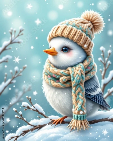Fototapeta cute white winter bird wearing cap and scarf on the right side, with sparkling teal tones, ample copy space on the left for sticker design.